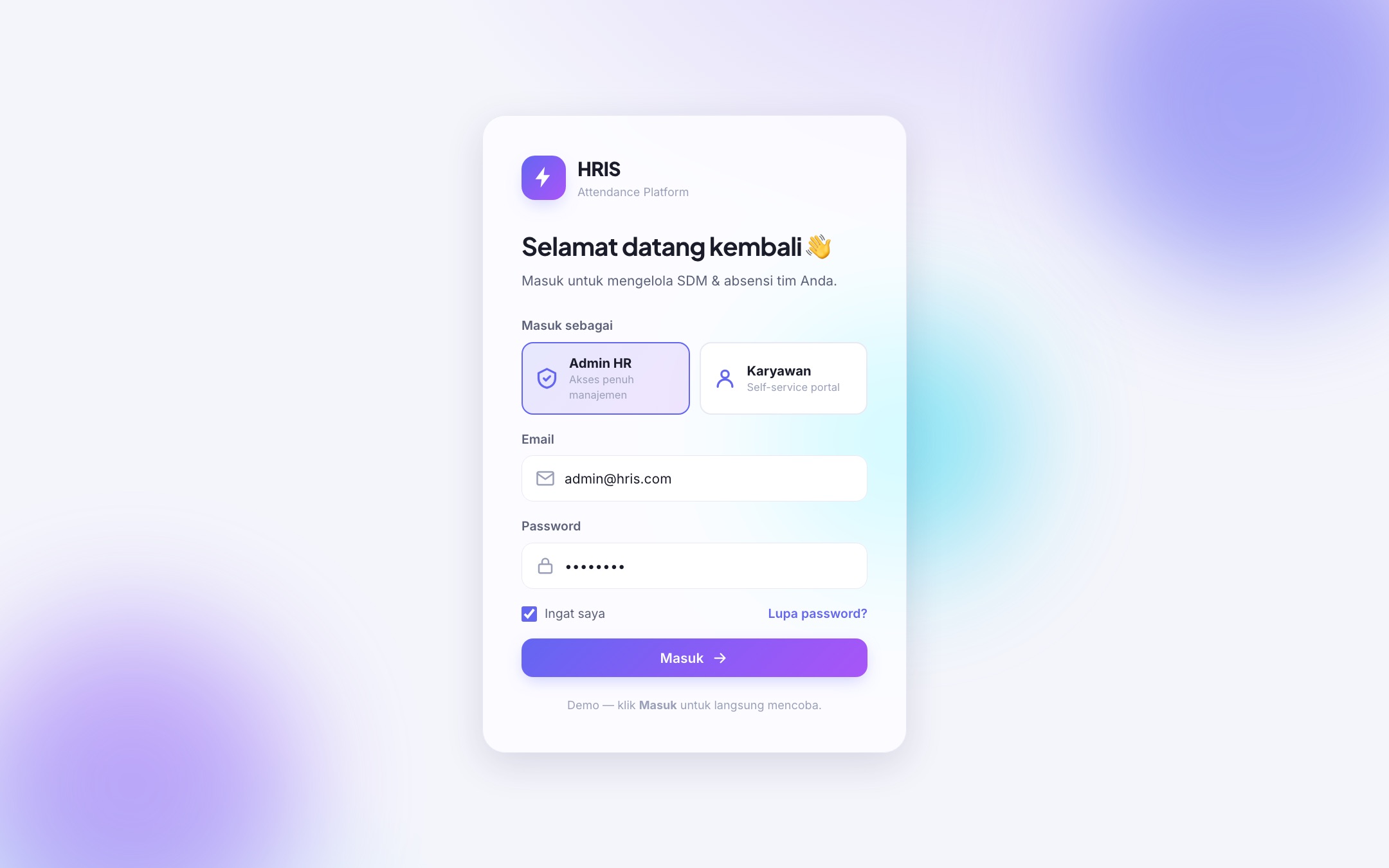 HRIS Attendance Platform screenshot